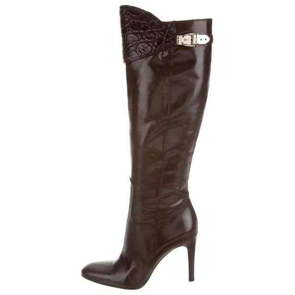 Gucci Shoes - GUCCI / TOM FORD Runway Dark Brown Leather Logo Buckle Alligator Tall Boot 40 10